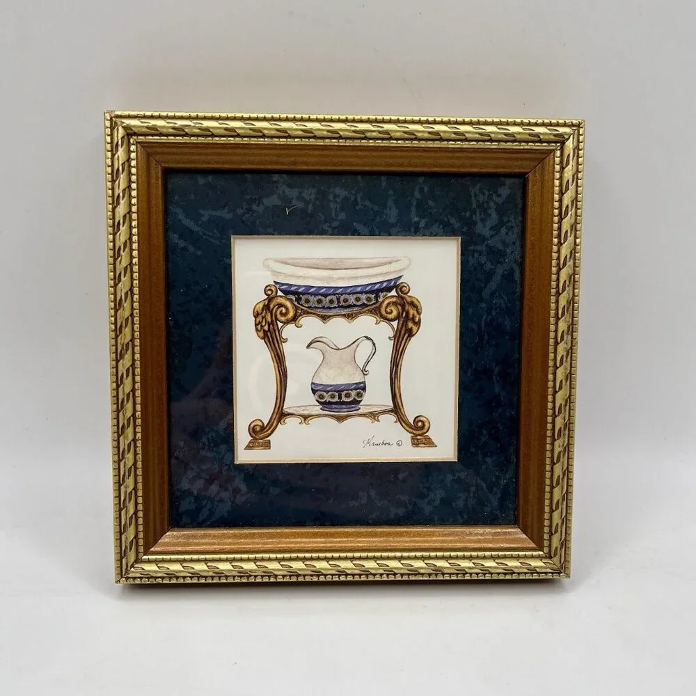Vintage Framed Neoclassical Decorative Print Pedestal Table Still Life Art 6”